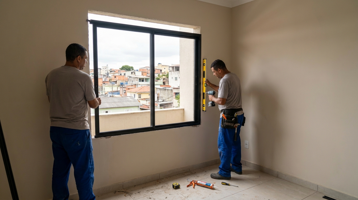 Esquadria de alumínio em quarto bege em Petrolina-PE