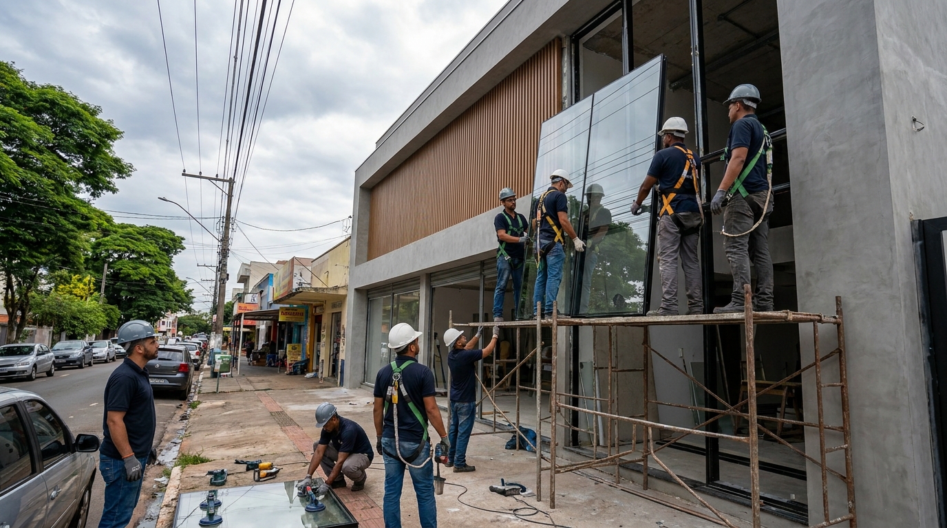 Fachada de vidro com andaime lateral em Petrolina-PE